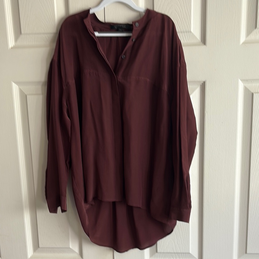•All Saints Silk Mix Blouse in Burgundy